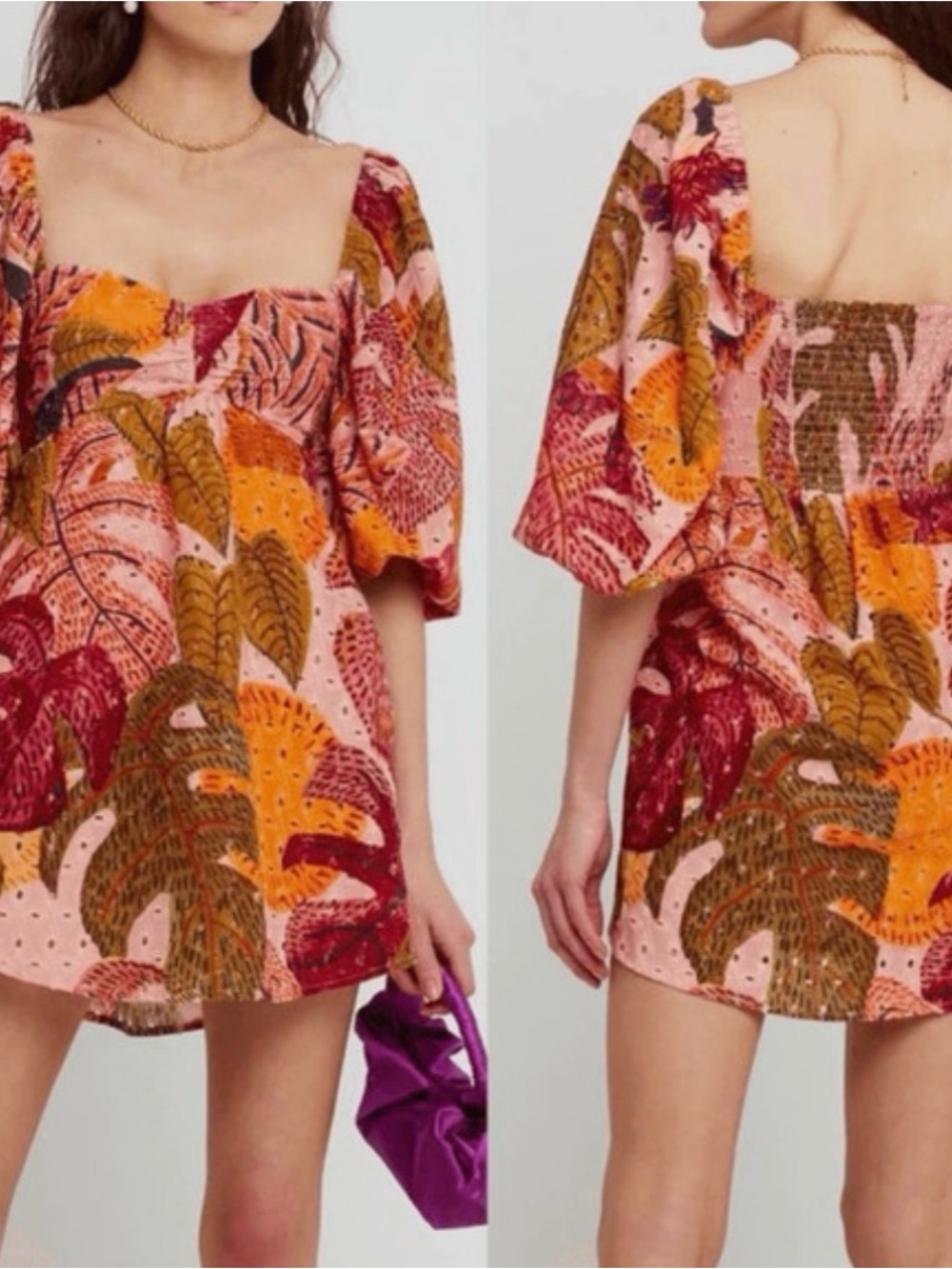 Kourt Robbie Eyelet Puff Sleeve Palm Print Smocked Mini Dress in Pink & Orange